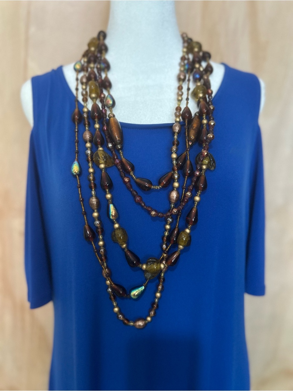 Multi-Strand Brown and Gold Beaded Necklace - Women Jewelry